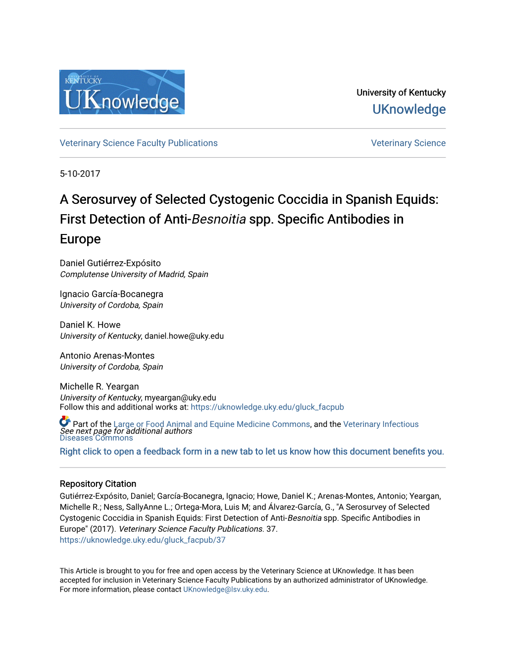 A Serosurvey of Selected Cystogenic Coccidia in Spanish Equids: First Detection of Anti-Besnoitia Spp