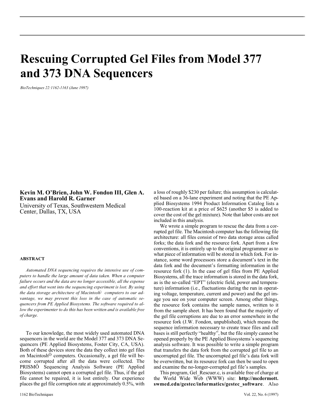 Rescuing Corrupted Gel Files from Model 377 and 373 DNA Sequencers