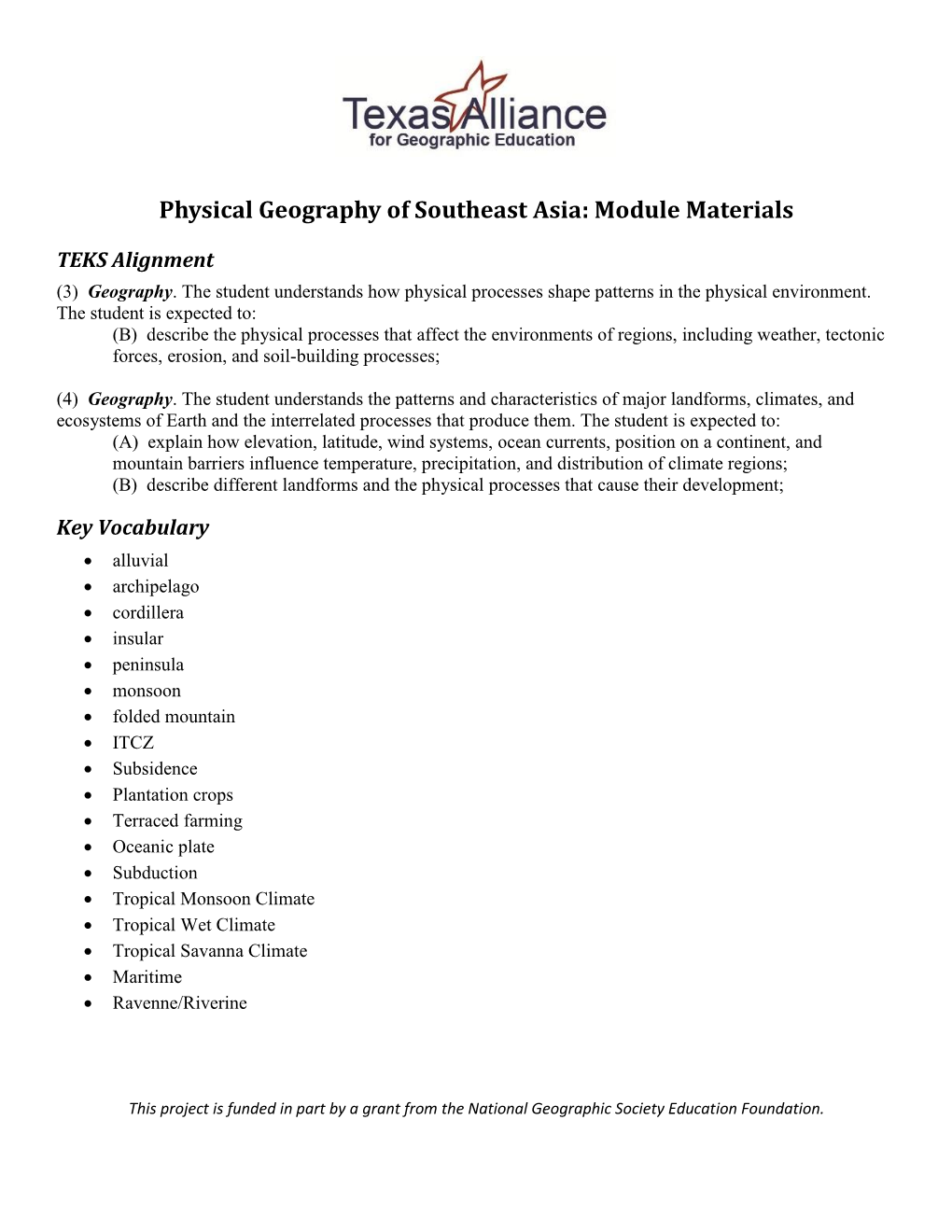 Physical Geography of Southeast Asia: Module Materials