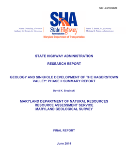 Geology and Sinkhole Development of the Hagerstown Valley: Phase Ii Summary Report