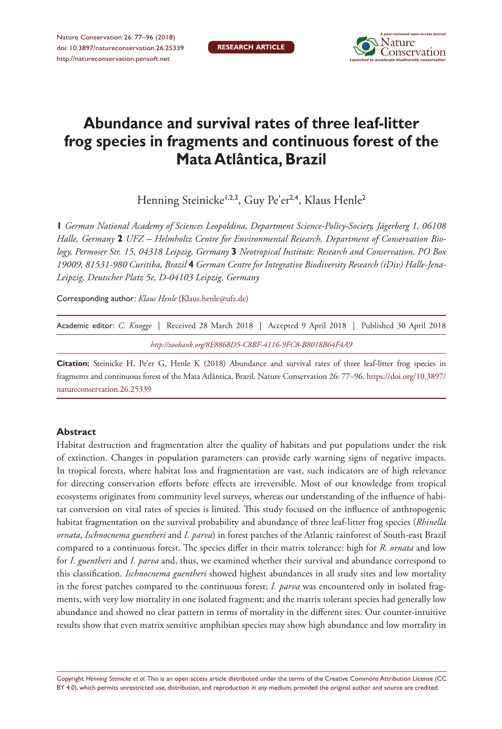 Abundance and Survival Rates of Three Leaf-Litter Frog Species in Fragments and Continuous Forest of the Mata Atlântica, Brazil