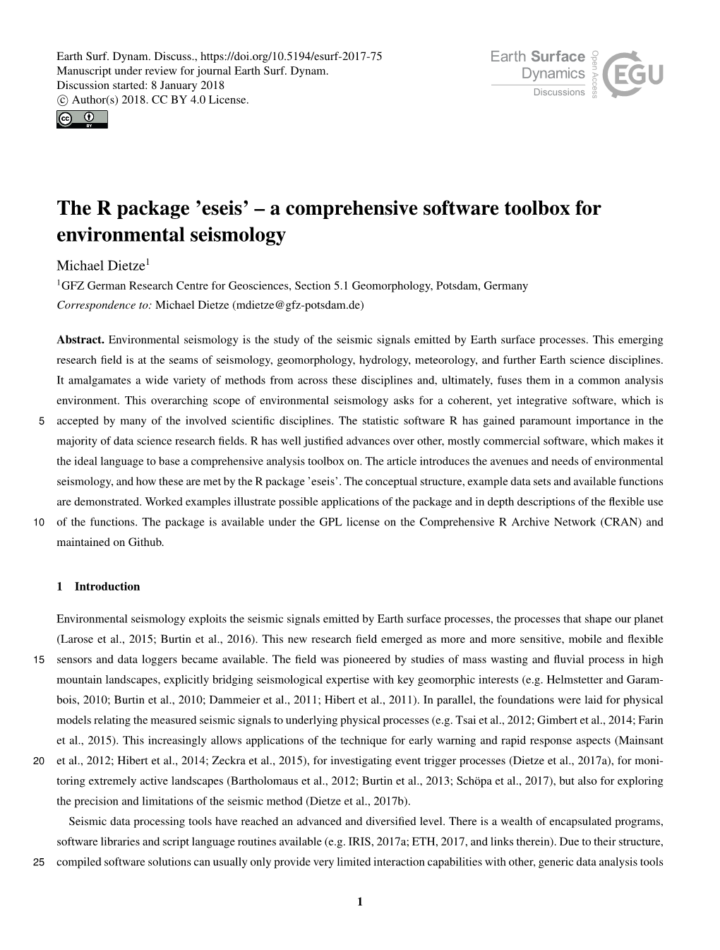 The R Package 'Eseis' – a Comprehensive Software Toolbox for Environmental Seismology