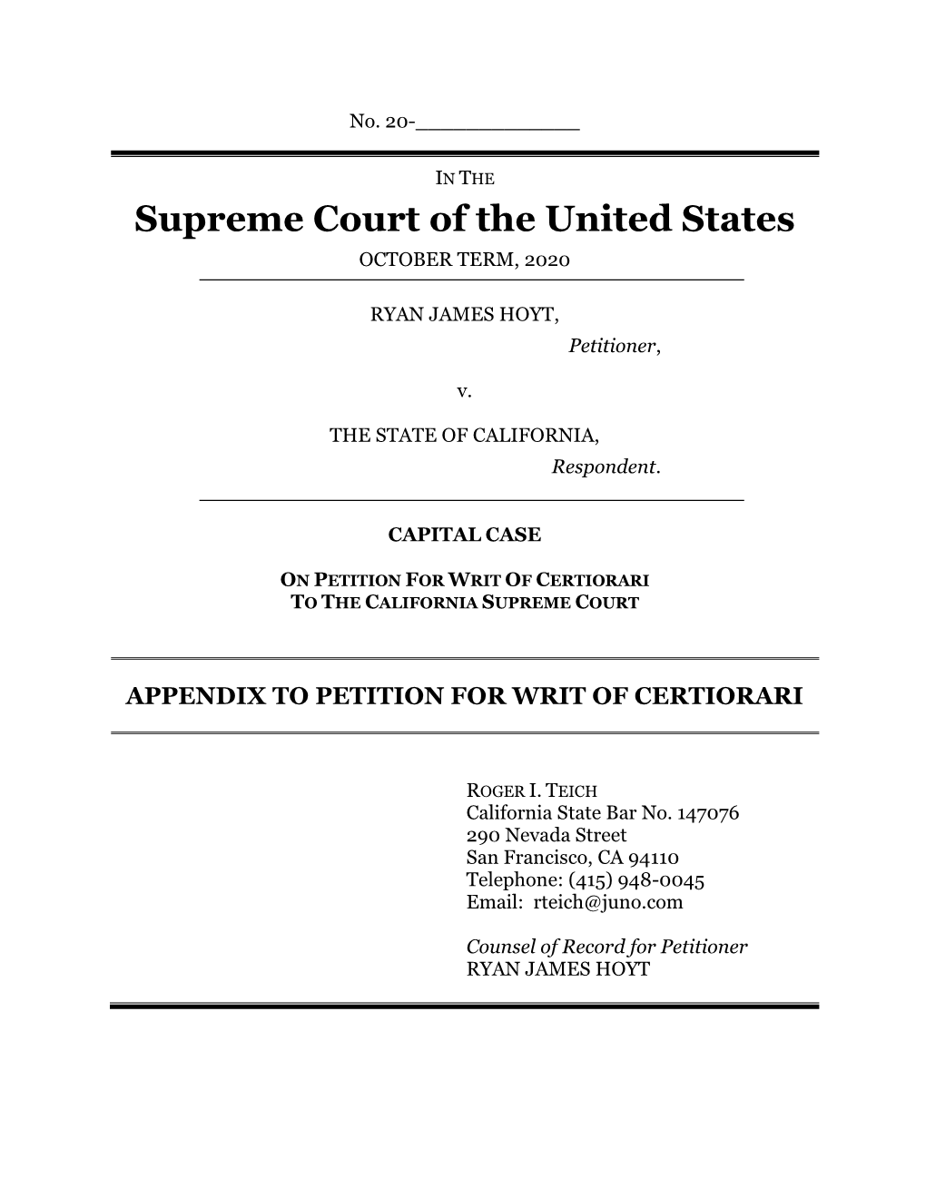 Appendix to Petition for Writ of Certiorari