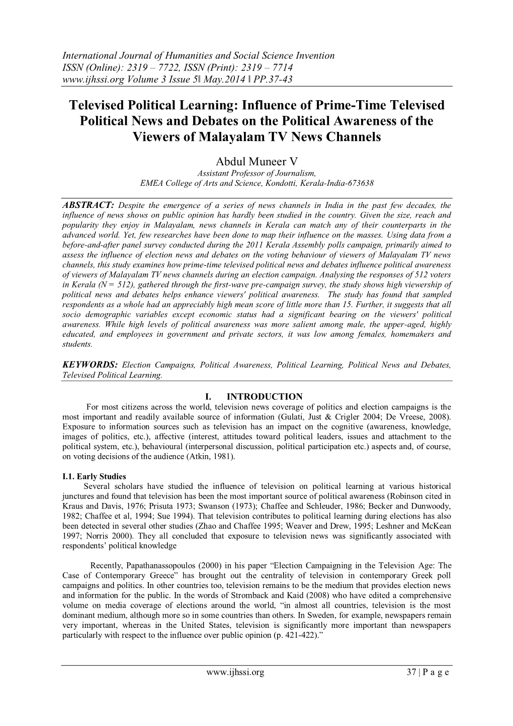 Influence of Prime-Time Televised Political News and Debates on the Political Awareness of the Viewers of Malayalam TV News Channels