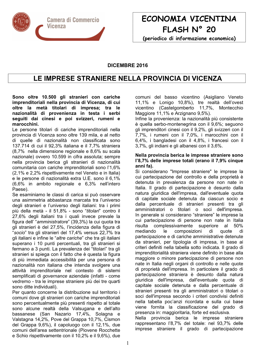 ECONOMIA VICENTINA FLASH N° 20 (Periodico Di Informazione Economica)