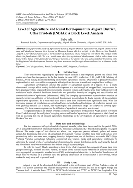 Level of Agriculture and Rural Development in Aligarh District, Uttar Pradesh (INDIA): a Block Level Analysis