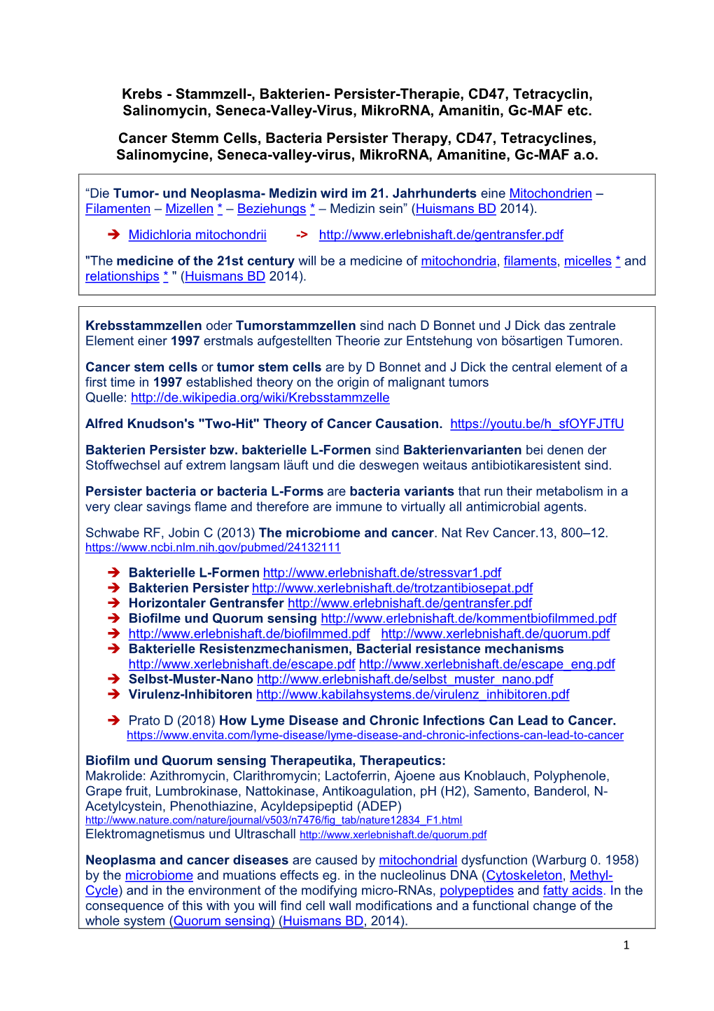 Krebs - Stammzell-, Bakterien- Persister-Therapie, CD47, Tetracyclin, Salinomycin, Seneca-Valley-Virus, Mikrorna, Amanitin, Gc-MAF Etc