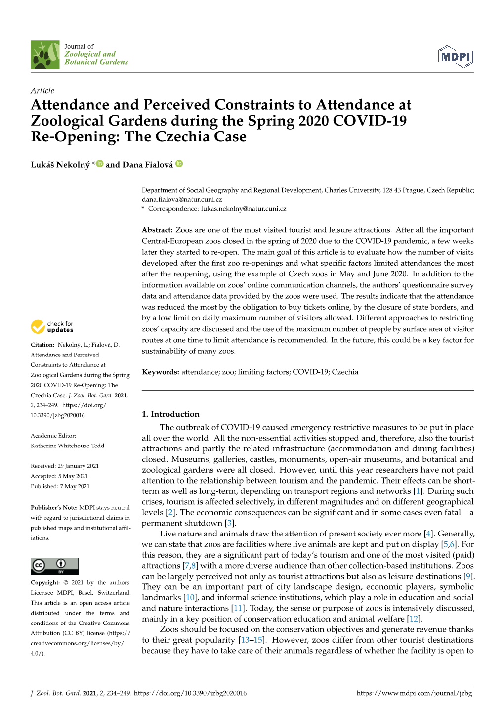 Attendance and Perceived Constraints to Attendance at Zoological Gardens During the Spring 2020 COVID-19 Re-Opening: the Czechia Case