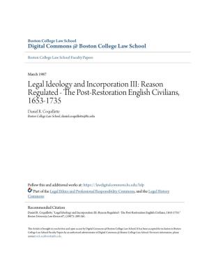 Legal Ideology and Incorporation III: Reason Regulated - the Op St-Restoration English Civilians, 1653-1735 Daniel R