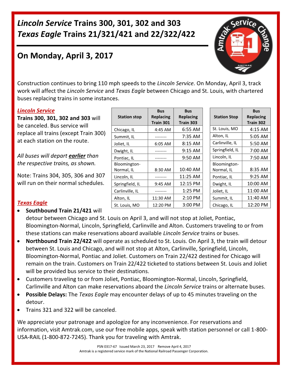 Lincoln Service Trains 300, 301, 302 and 303 Texas Eagle Trains 21/321/421 and 22/322/422