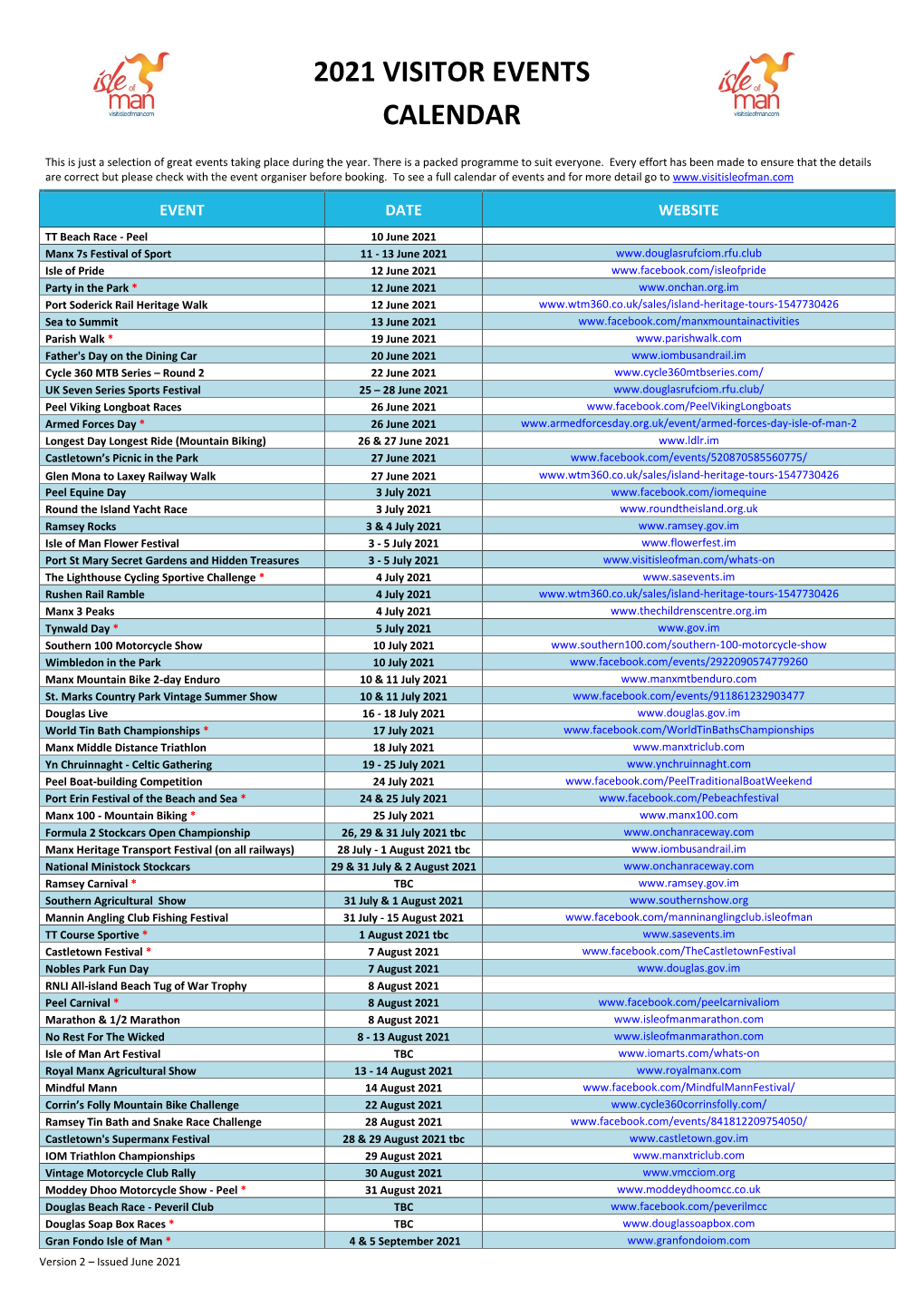 2021 Visitor Events Calendar