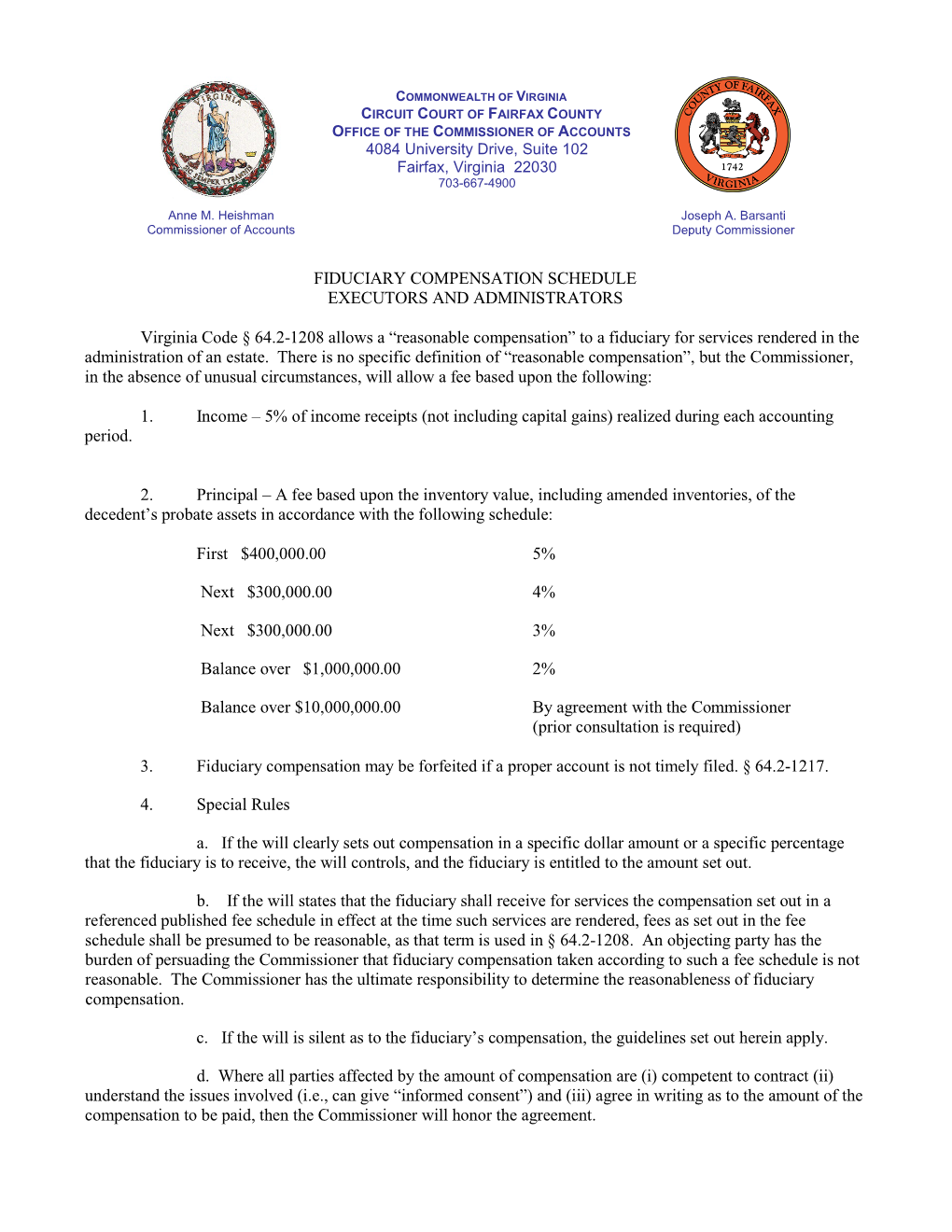 Fiduciary Compensation Schedule Executors and Administrators