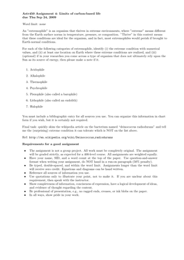 Astr450 Assignment 4: Limits of Carbon-Based Life Due Thu Sep 24, 2009