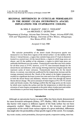 Regional Differences in Cuticular Permeability in the Desert Cicada Diceroprocta Apache: Implications for Evaporative Cooling By