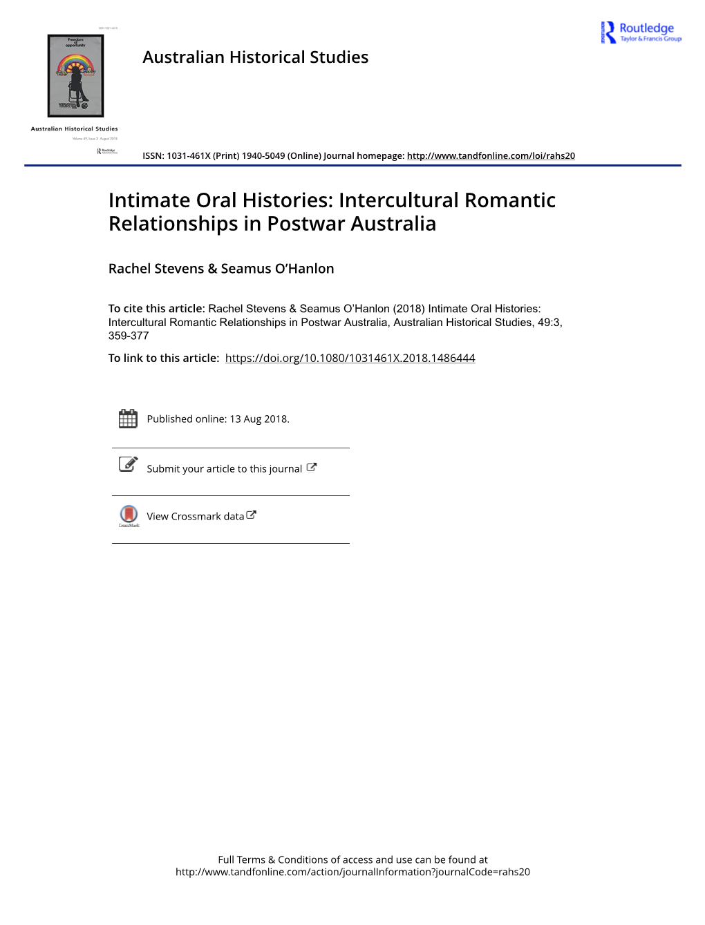 Intimate Oral Histories: Intercultural Romantic Relationships in Postwar Australia