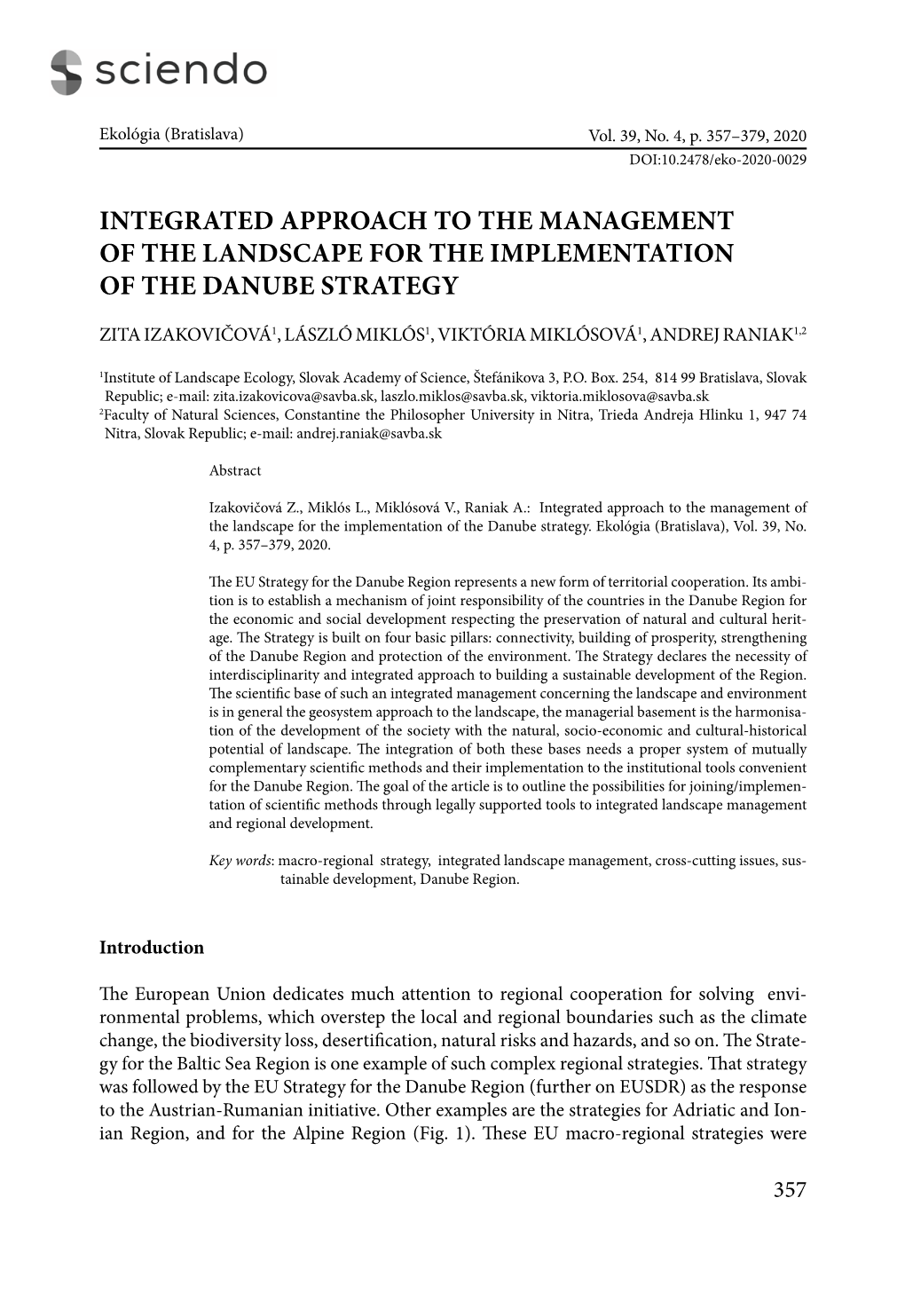 Integrated Approach to the Management of the Landscape for the Implementation of the Danube Strategy