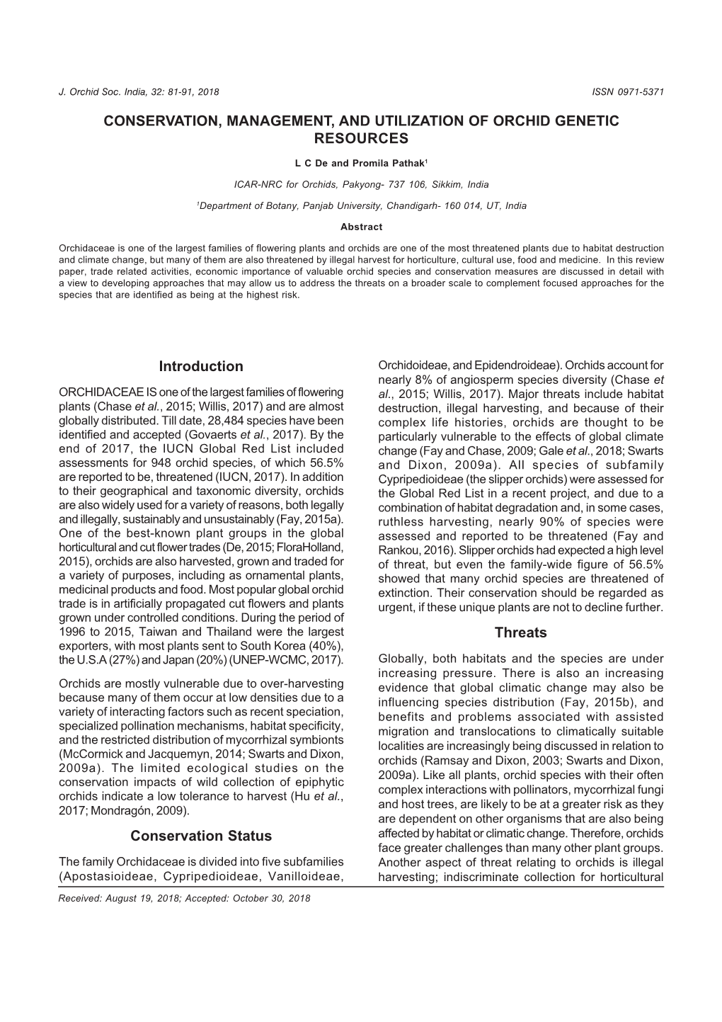 Conservation, Management, and Utilization of Orchid Genetic Resources