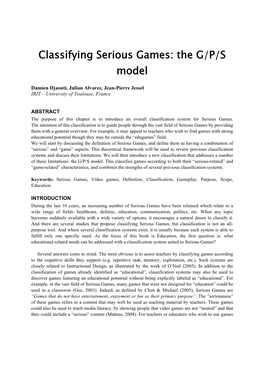 Classifying Serious Games: the G/P/S Model