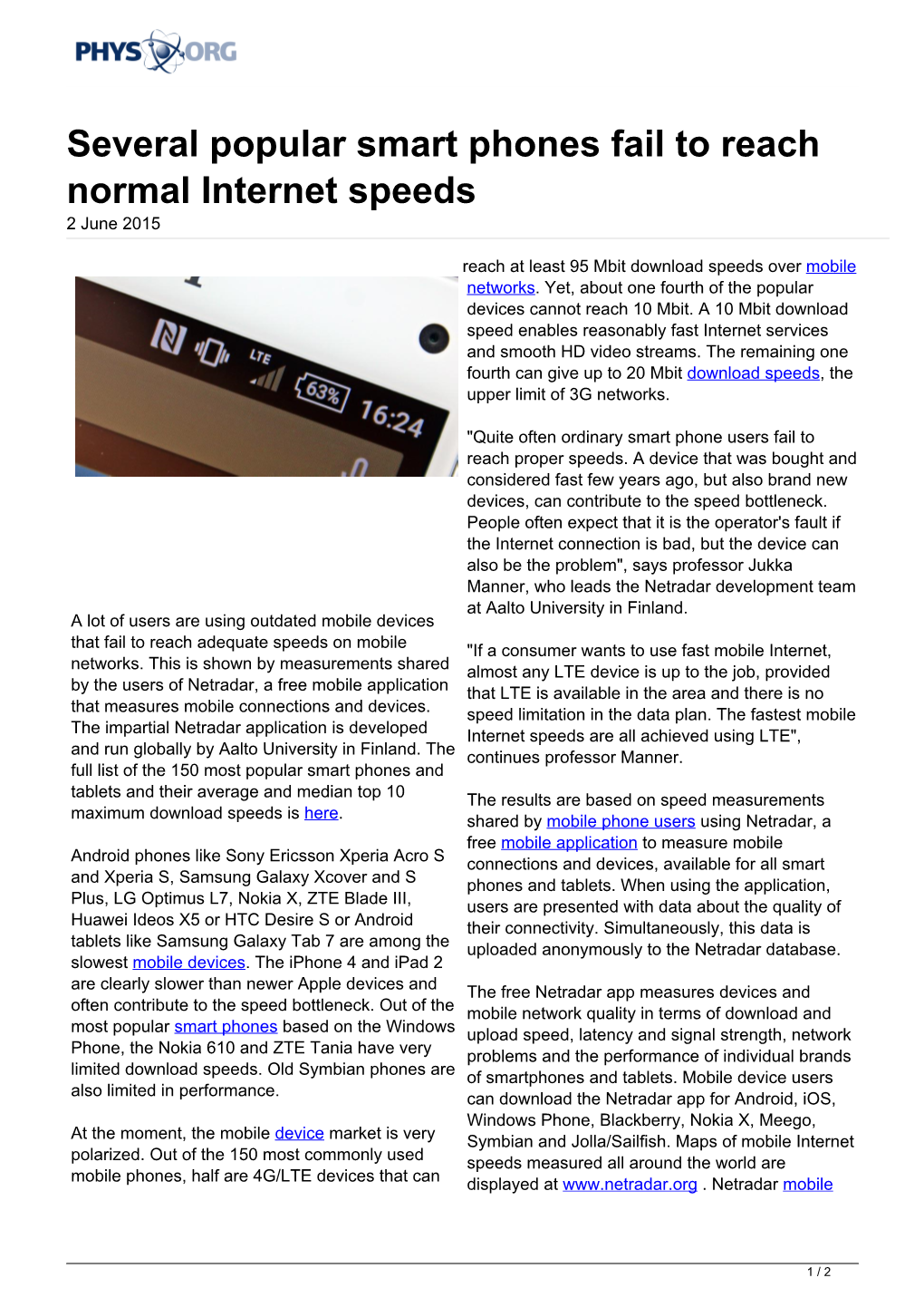 Several Popular Smart Phones Fail to Reach Normal Internet Speeds 2 June 2015