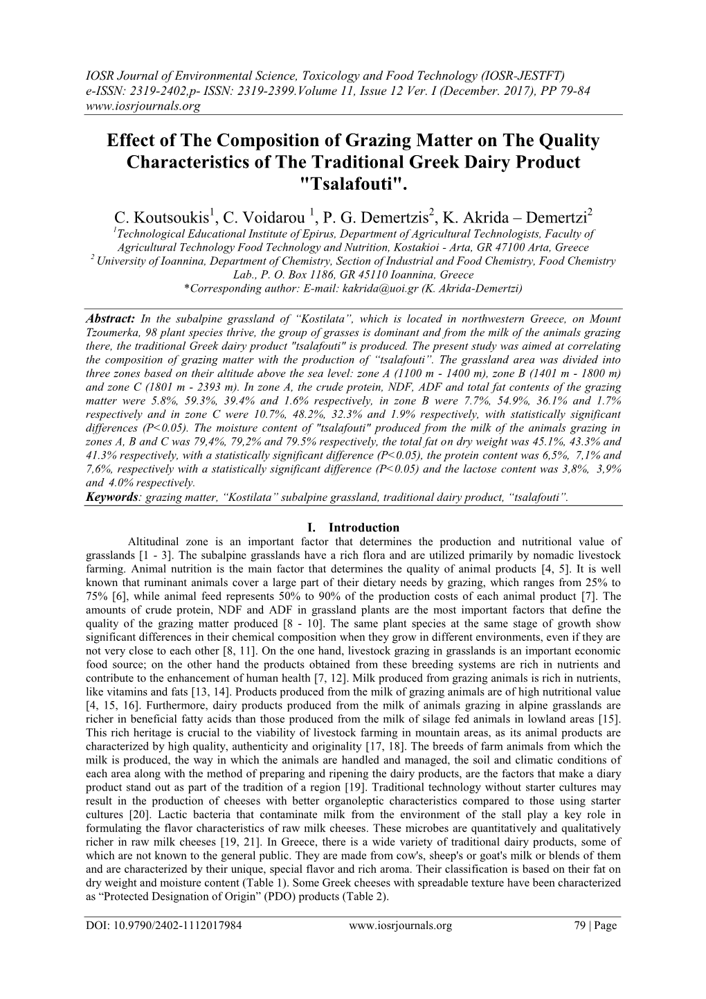 Effect of the Composition of Grazing Matter on the Quality Characteristics of the Traditional Greek Dairy Product "Tsalafouti"
