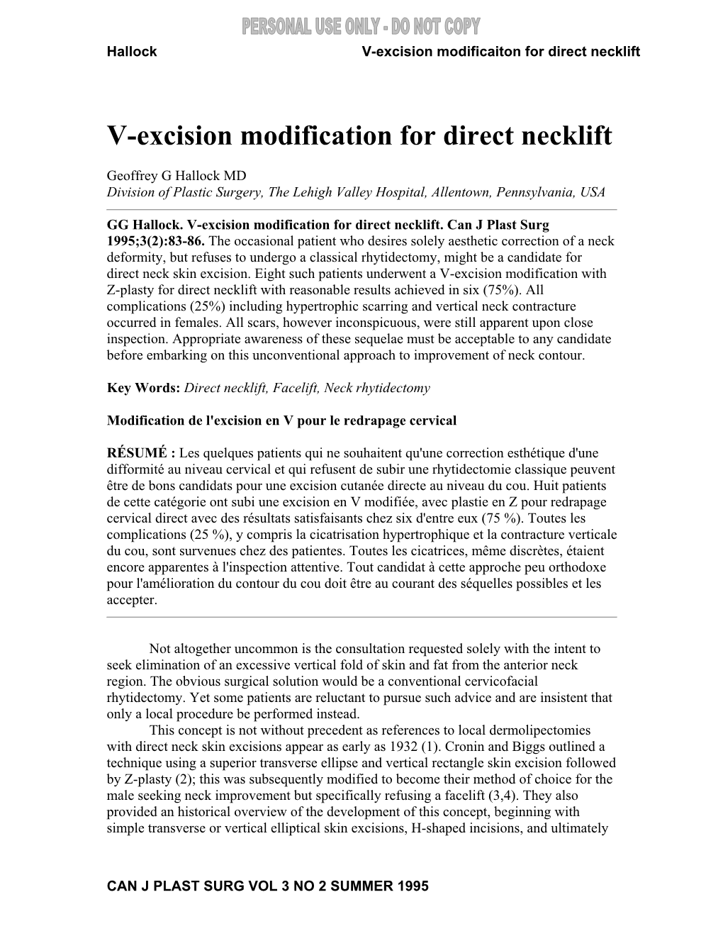 V-Excision Modification for Direct Necklift