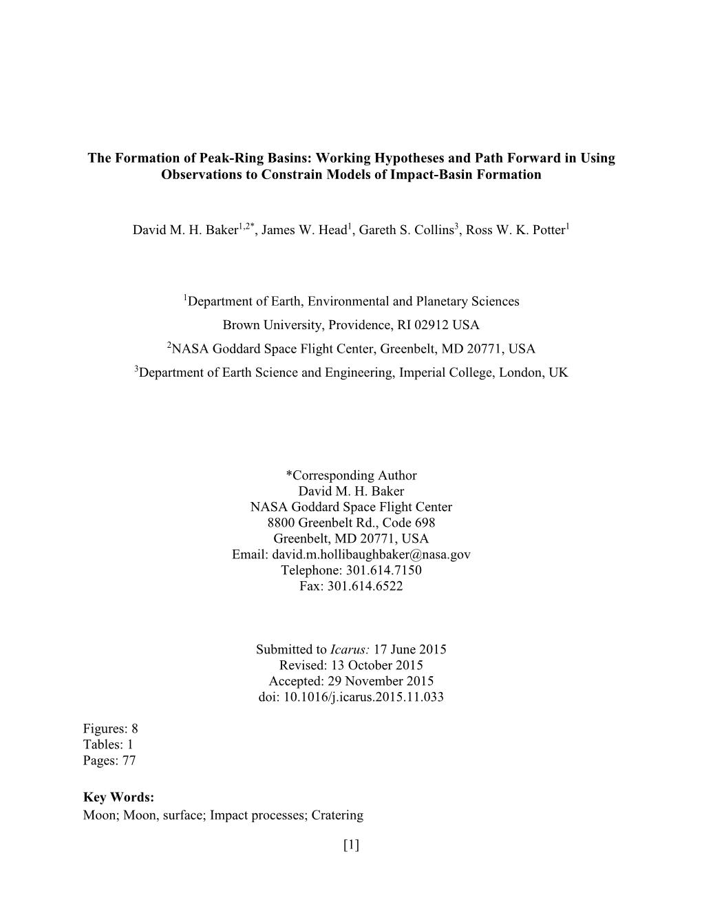 [1] the Formation of Peak-Ring Basins: Working Hypotheses and Path Forward in Using Observations to Constrain Models of Impact-B