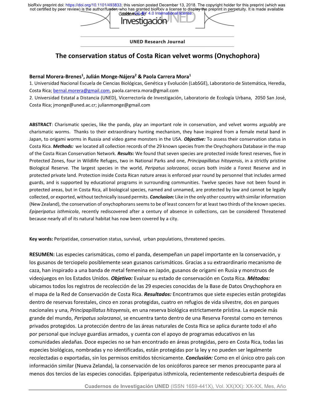 The Conservation Status of Costa Rican Velvet Worms (Onychophora)