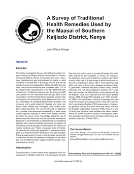 A Survey of Traditional Health Remedies Used by the Maasai of Southern Kaijiado District, Kenya
