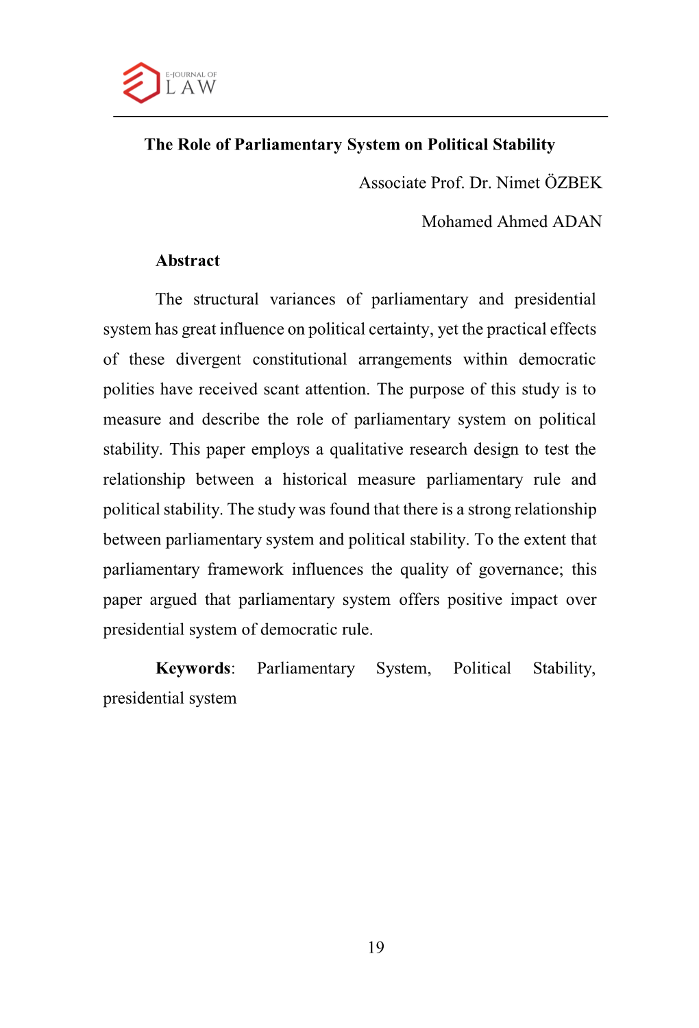 19 the Role of Parliamentary System on Political Stability Associate Prof