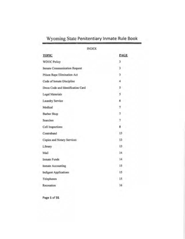 Wyoming State Penitentiary Inmate Rule Book