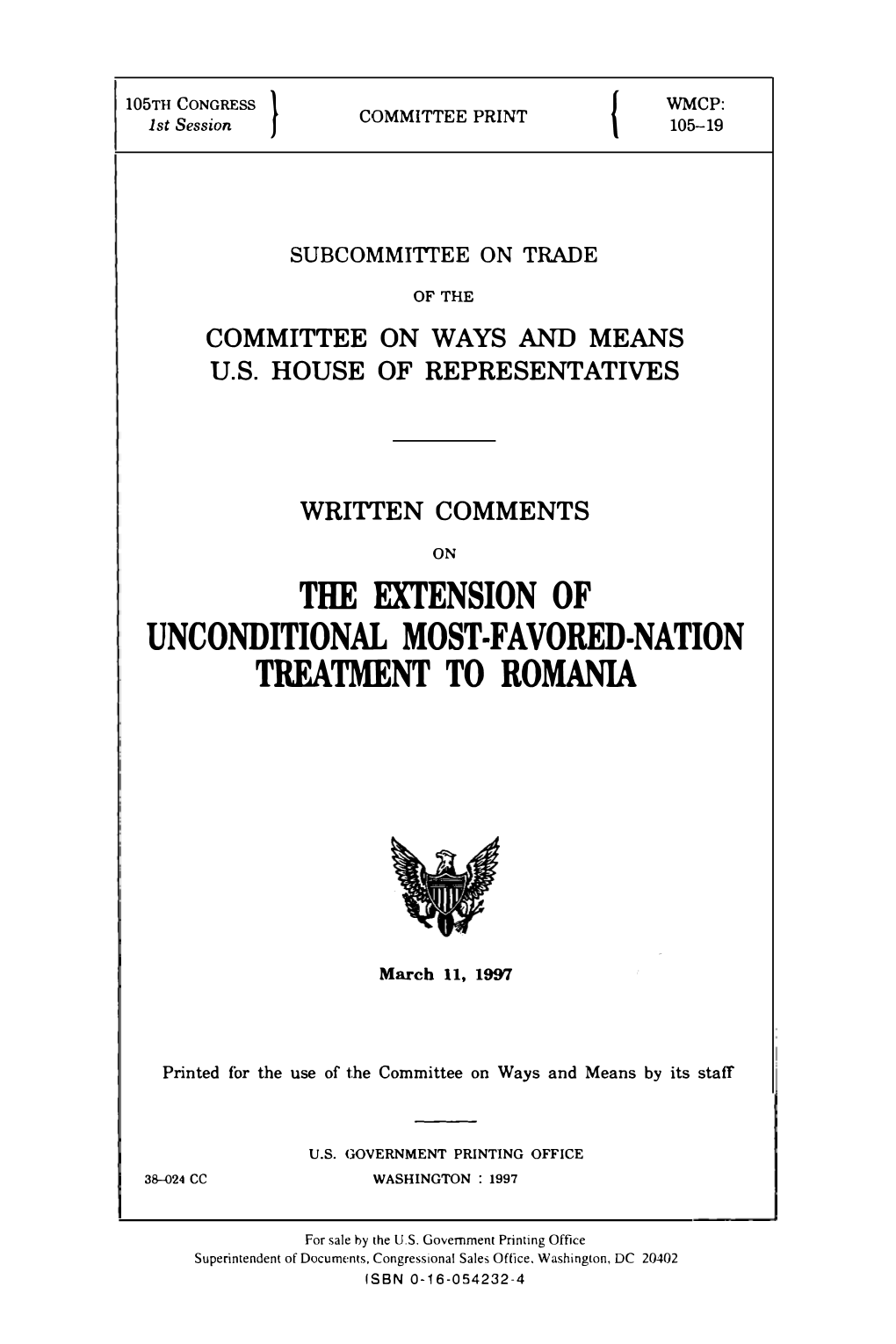 The Extension of Unconditional Most-Favored-Nation Treatment to Romania