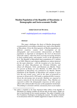 Muslim Population of the Republic of Macedonia: a Demographic and Socio-Economic Profile1