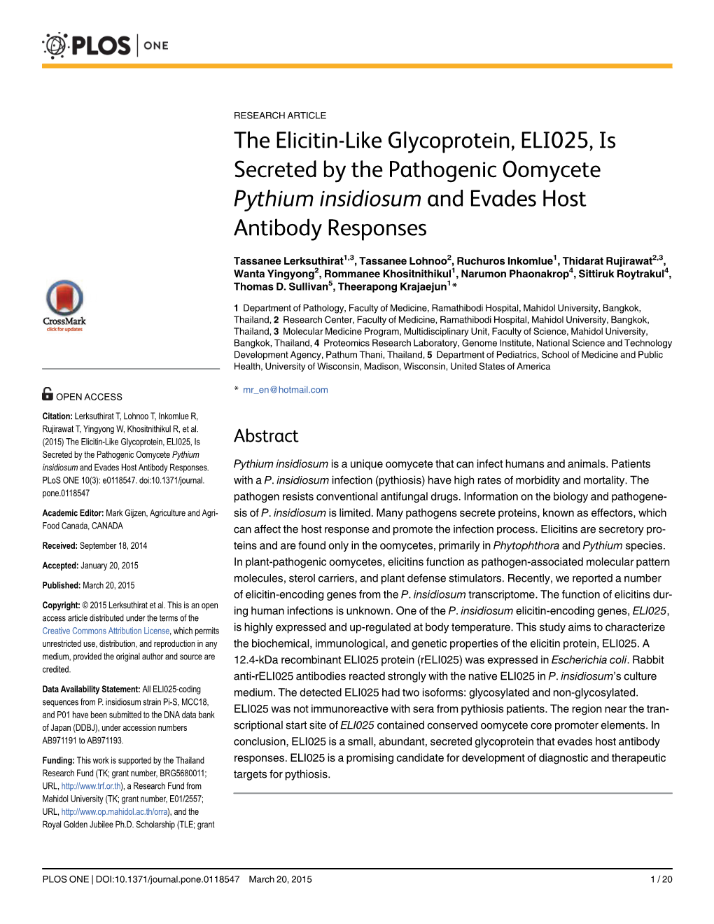 The Elicitin-Like Glycoprotein, ELI025, Is Secreted by the Pathogenic Oomycete Pythium Insidiosum and Evades Host Antibody Responses