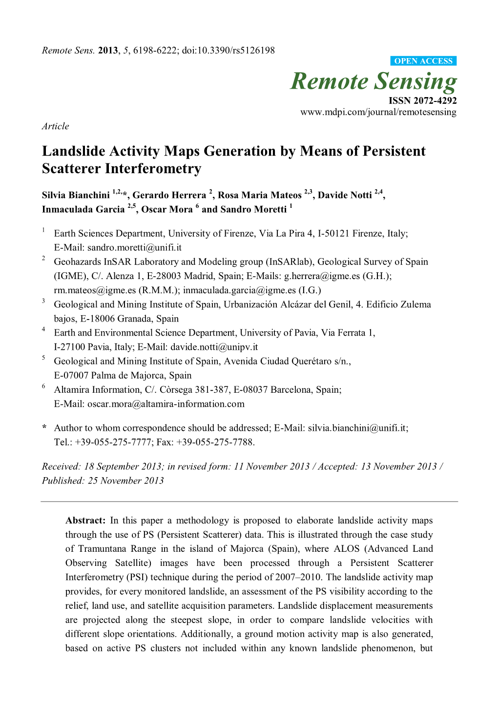 Landslide Activity Maps Generation by Means of Persistent Scatterer Interferometry