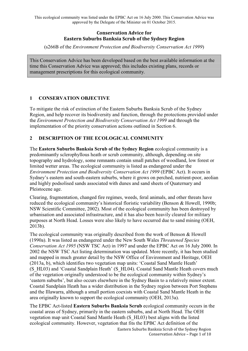 Conservation Advice for Eastern Suburbs Banksia Scrub of the Sydney Region (S266b of the Environment Protection and Biodiversity Conservation Act 1999)