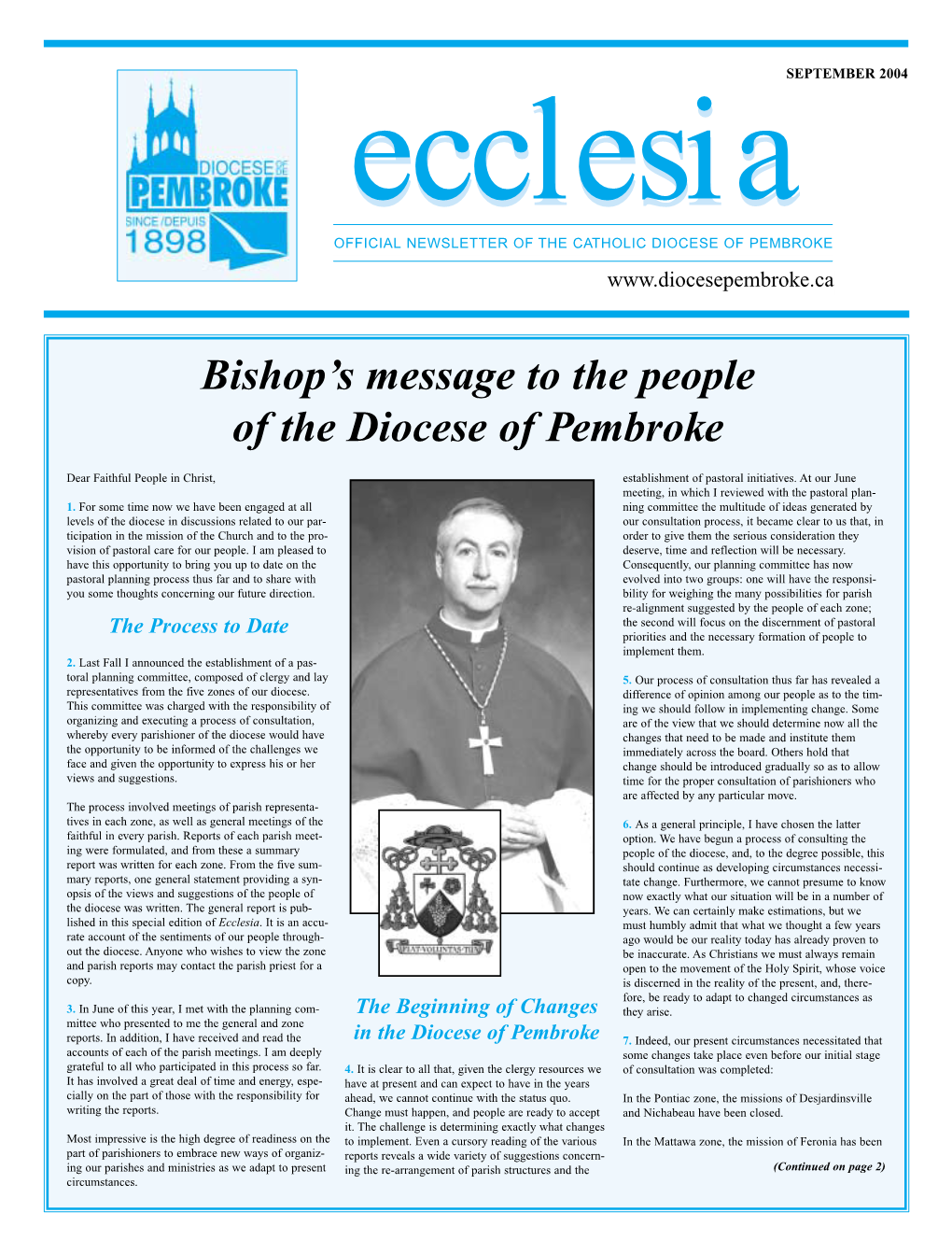 SEPTEMBER 2004 Ecclesia OFFICIAL NEWSLETTER of the CATHOLIC DIOCESE of PEMBROKE