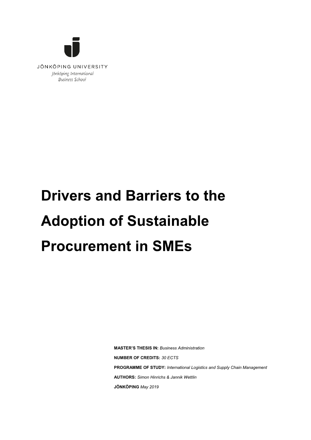 Drivers and Barriers to the Adoption of Sustainable Procurement in Smes