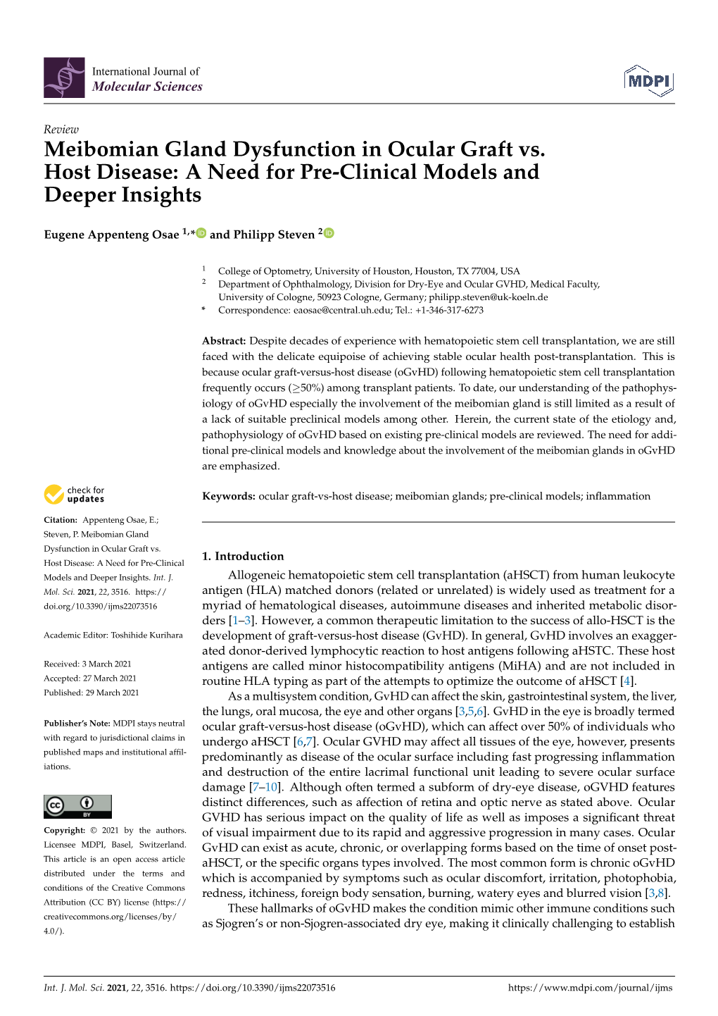 Meibomian Gland Dysfunction in Ocular Graft Vs. Host Disease: a Need for Pre-Clinical Models and Deeper Insights