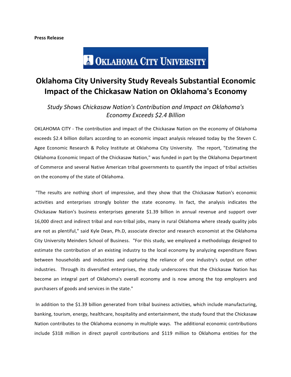 Oklahoma City University Study Reveals Substantial Economic Impact of the Chickasaw Nation on Oklahoma's Economy