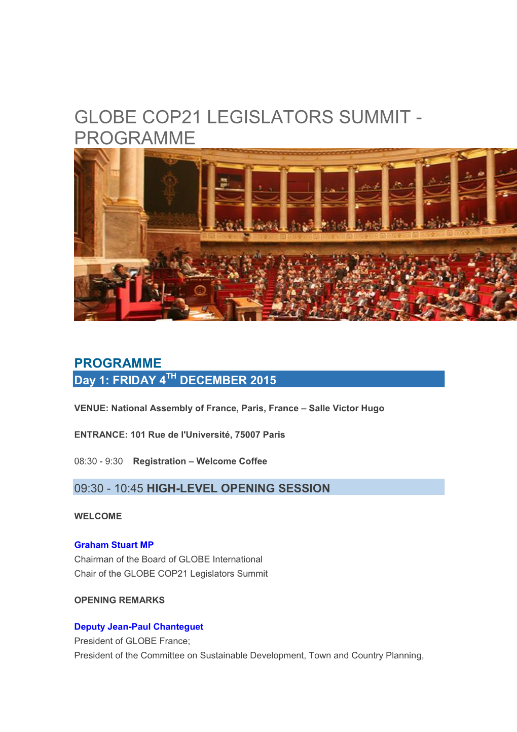 Globe Cop21 Legislators Summit - Programme