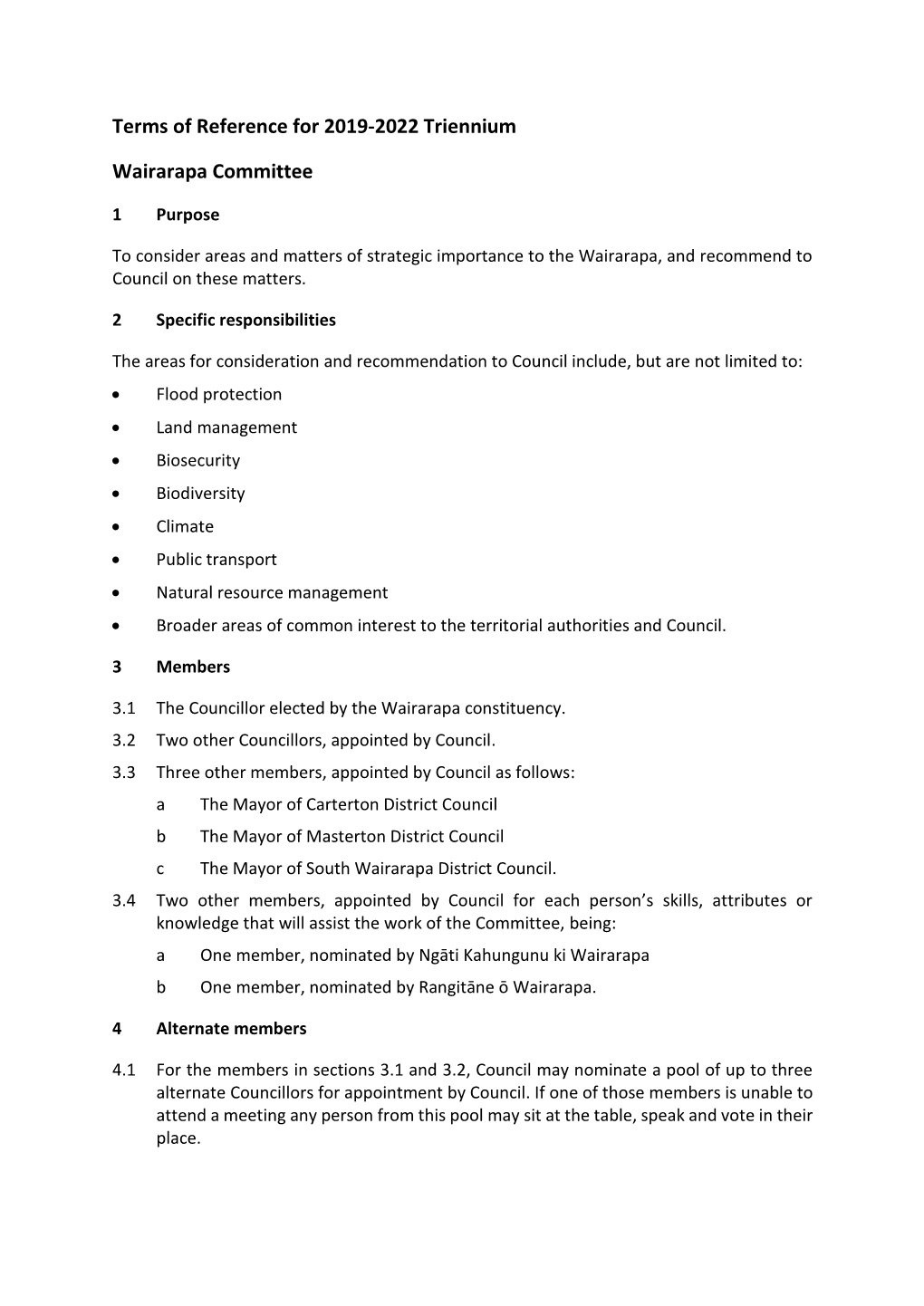 Terms of Reference for 2019-2022 Triennium Wairarapa Committee