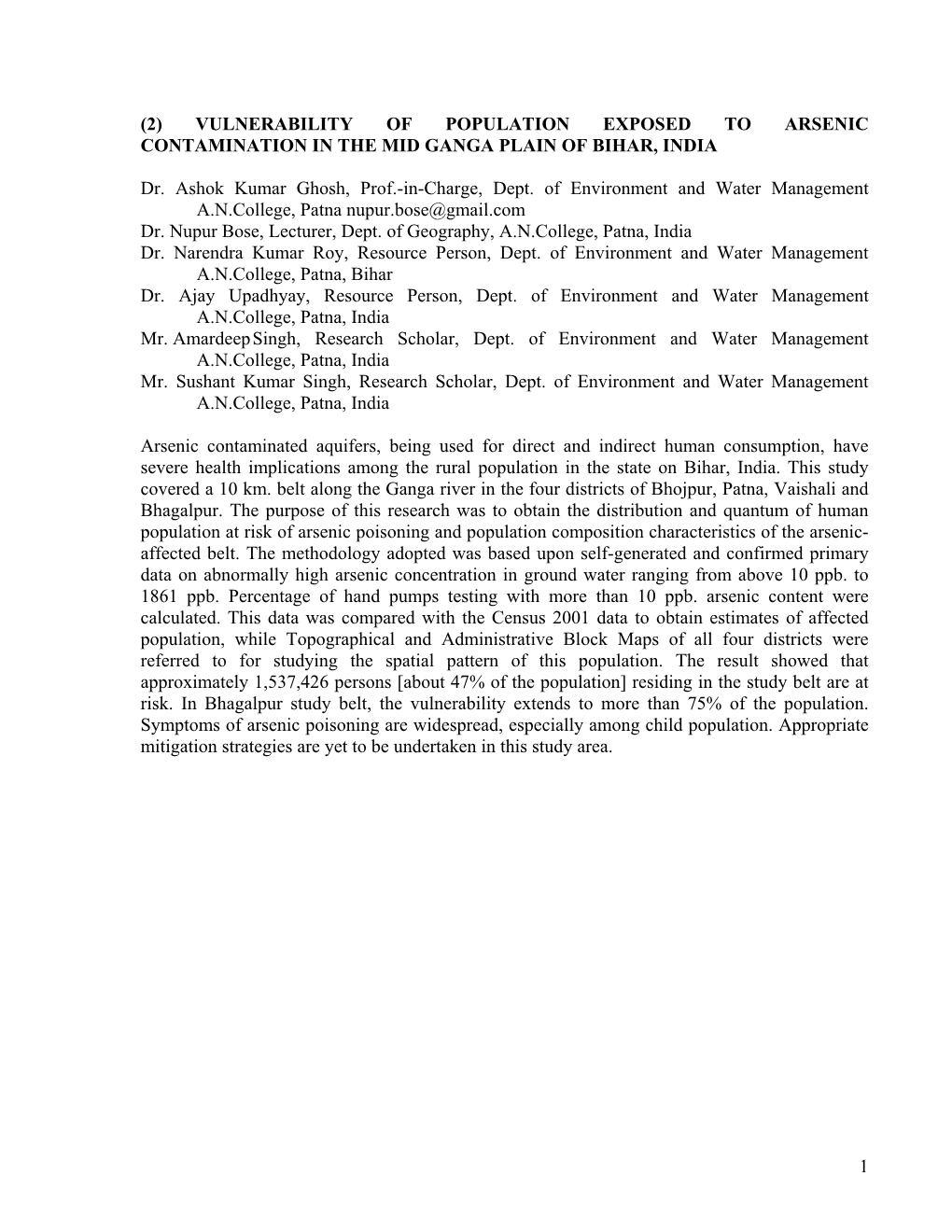 (2) Vulnerability of Population Exposed to Arsenic Contamination in the Mid Ganga Plain of Bihar, India