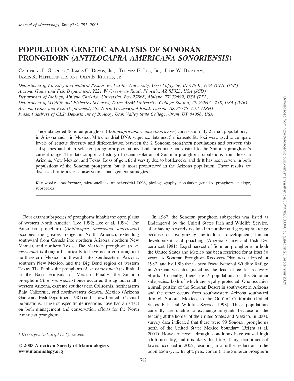 Population Genetic Analysis of Sonoran Pronghorn (Antilocapra Americana Sonoriensis)