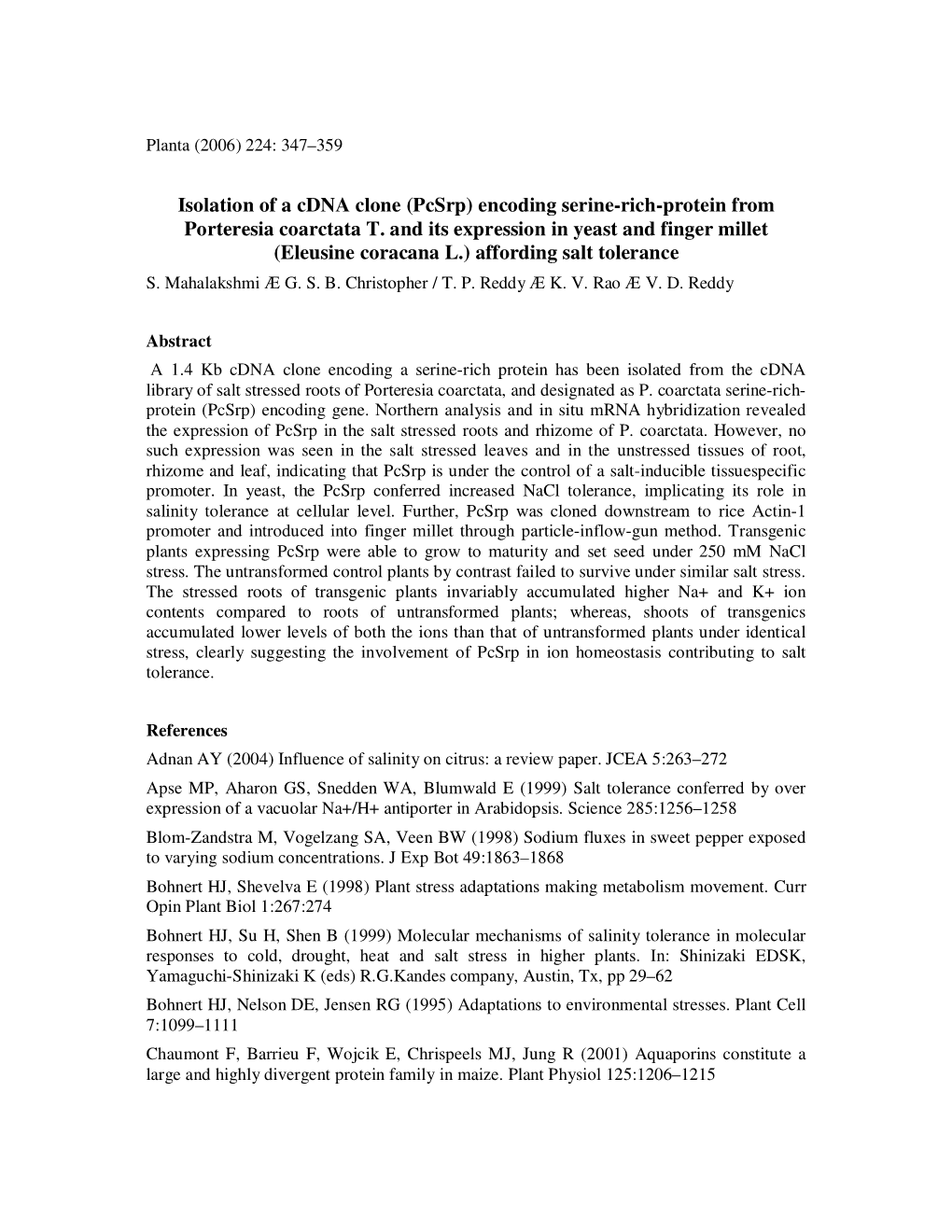 Isolation of a Cdna Clone (Pcsrp) Encoding Serine-Rich-Protein from Porteresia Coarctata T