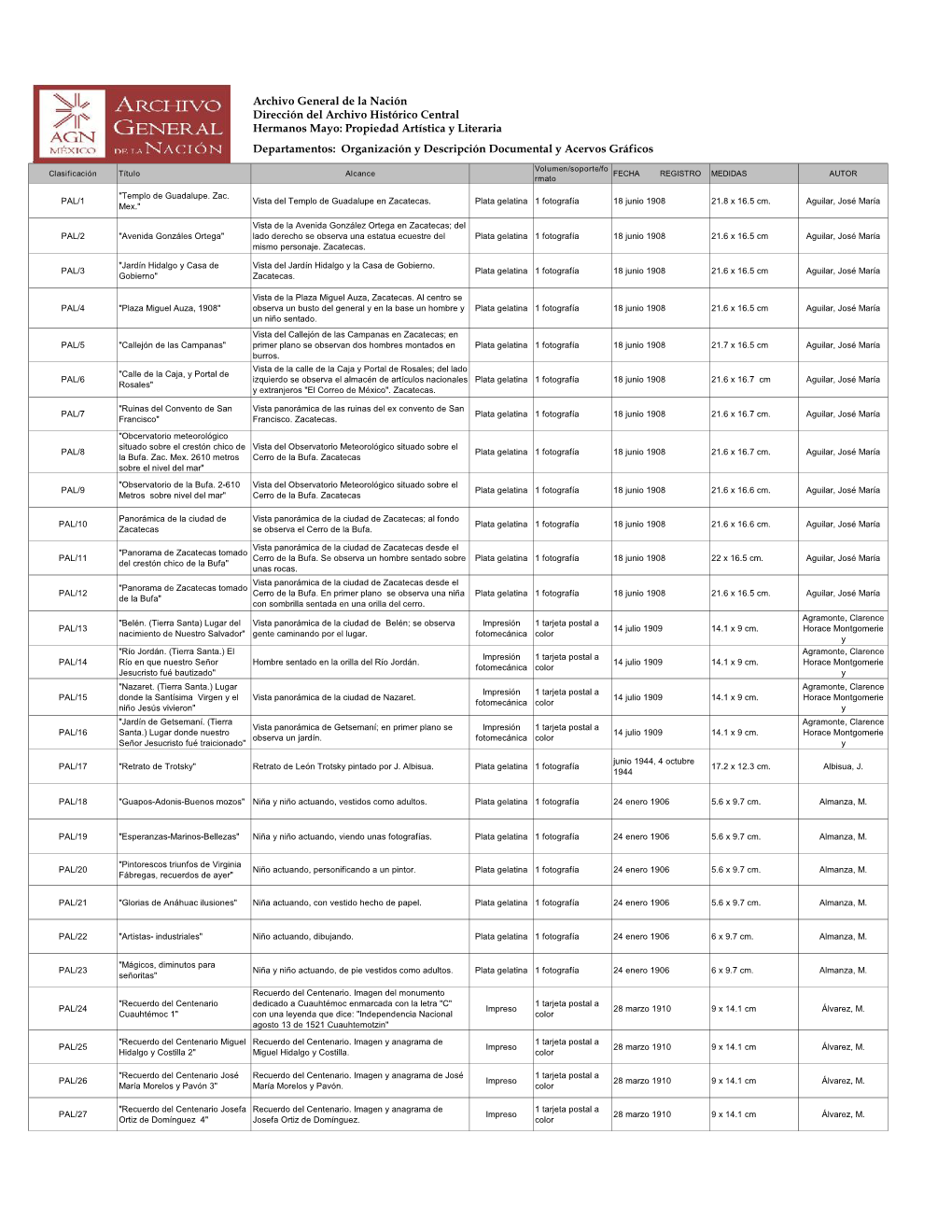 Archivo General De La Nación Dirección Del Archivo Histórico Central Hermanos Mayo: Propiedad Artística Y Literaria Departam