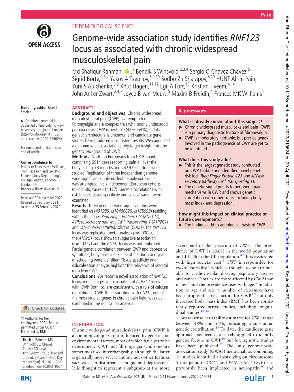 Genome-Wide Association Study Identifies RNF123 Locus As Associated with Chronic Widespread Musculoskeletal Pain