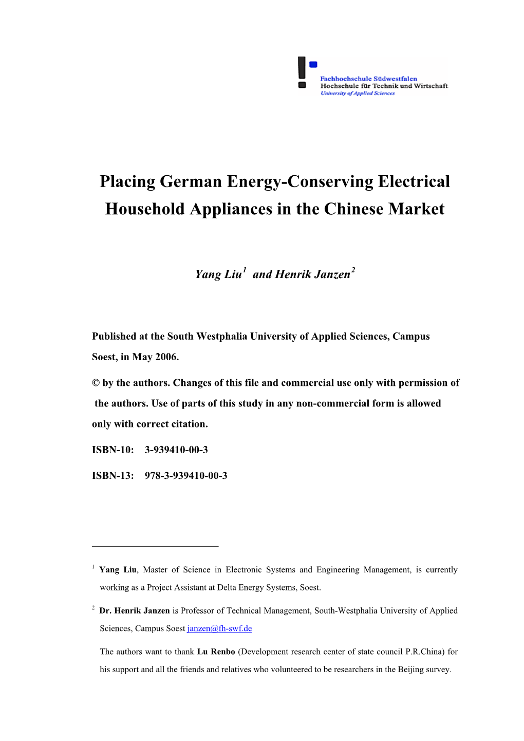 Placing German Energy-Conserving Electrical Household Appliances in the Chinese Market