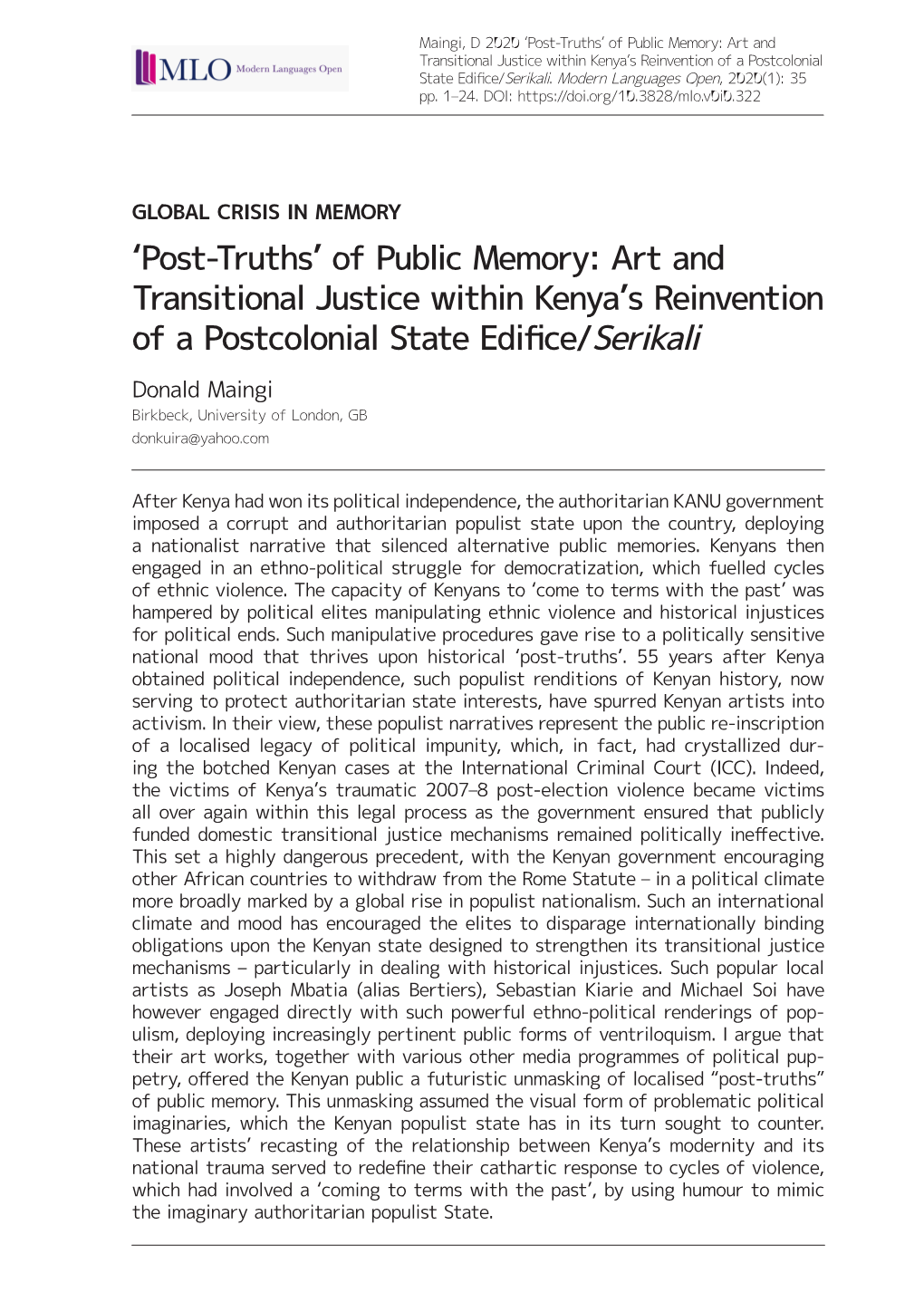 'Post-Truths' of Public Memory: Art and Transitional Justice Within Kenya's Reinvention of a Postcolonial State Edifice/Se