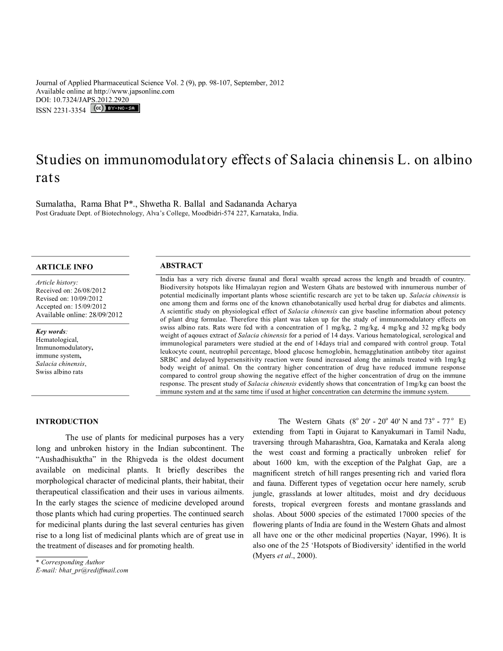 Studies on Immunomodulatory Effects of Salacia Chinensis L. on Albino Rats