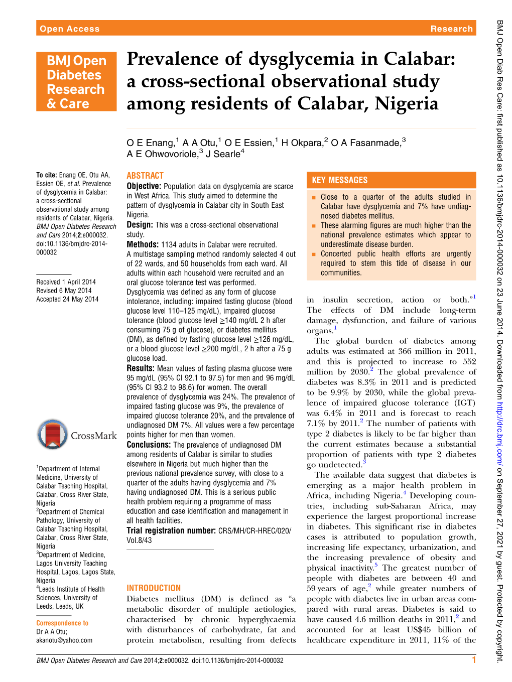 Prevalence of Dysglycemia in Calabar: a Cross-Sectional Observational Study Among Residents of Calabar, Nigeria
